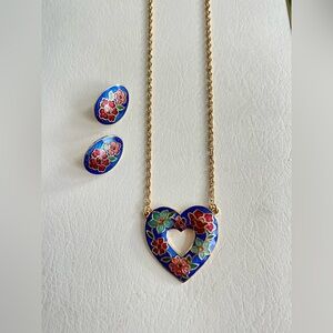 Vintage Avon Cobalt Blue Cloisonné Heart Floral Pendant Necklace & Earrings Gold